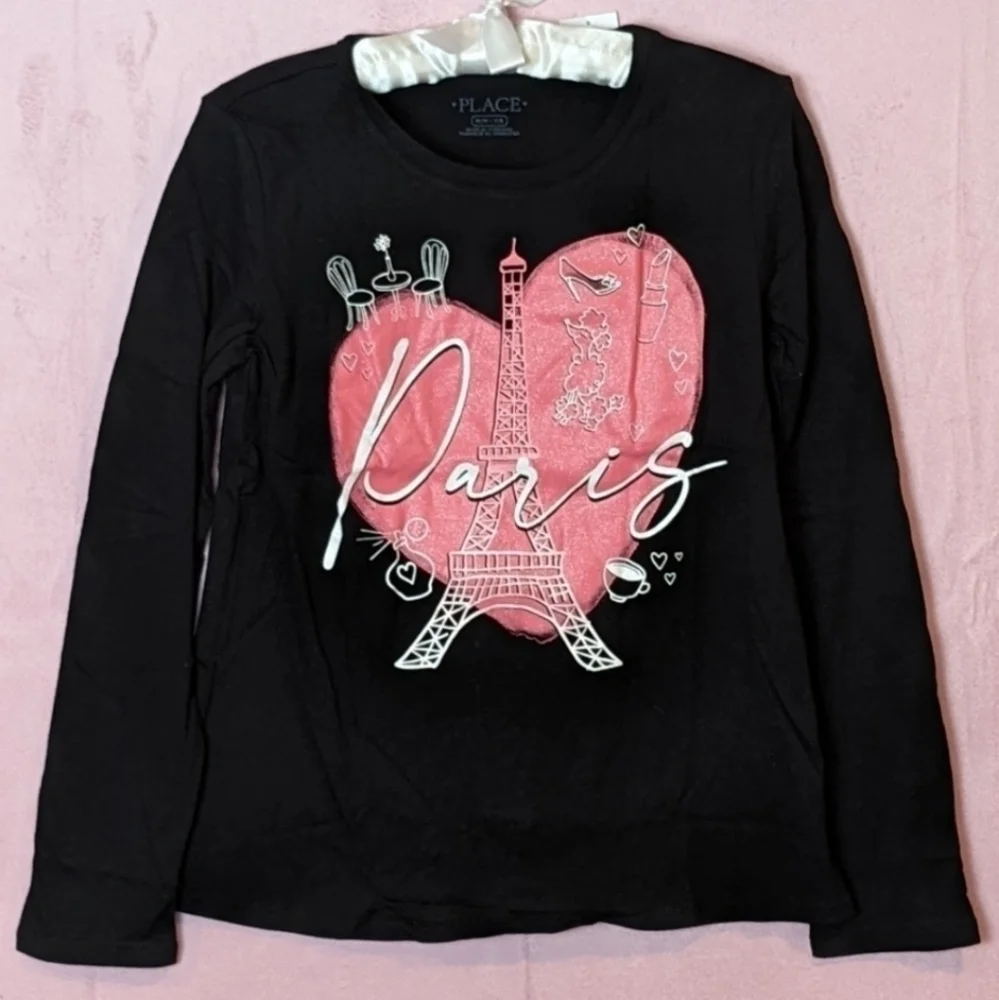The Children's Place Black and Pink Long Sleeve Sparkly Heart Paris Tee size 7-8